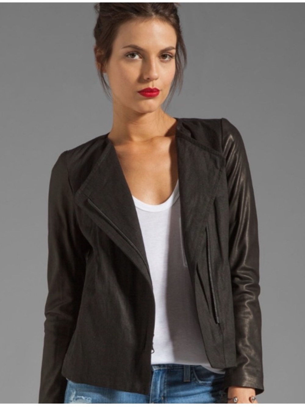 VINCE Leather and Linen Black Moto Jacket size 4